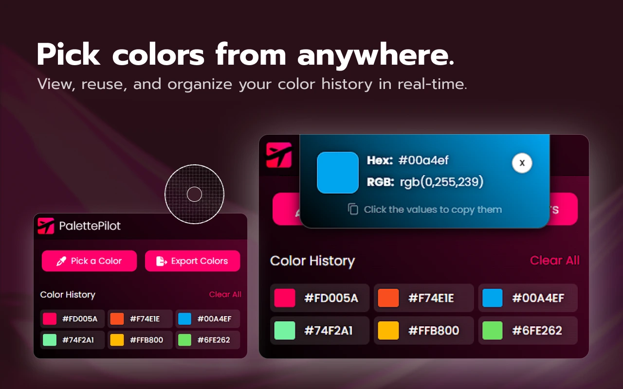 Palette Pilot extension screenshot showing the main color selection interface